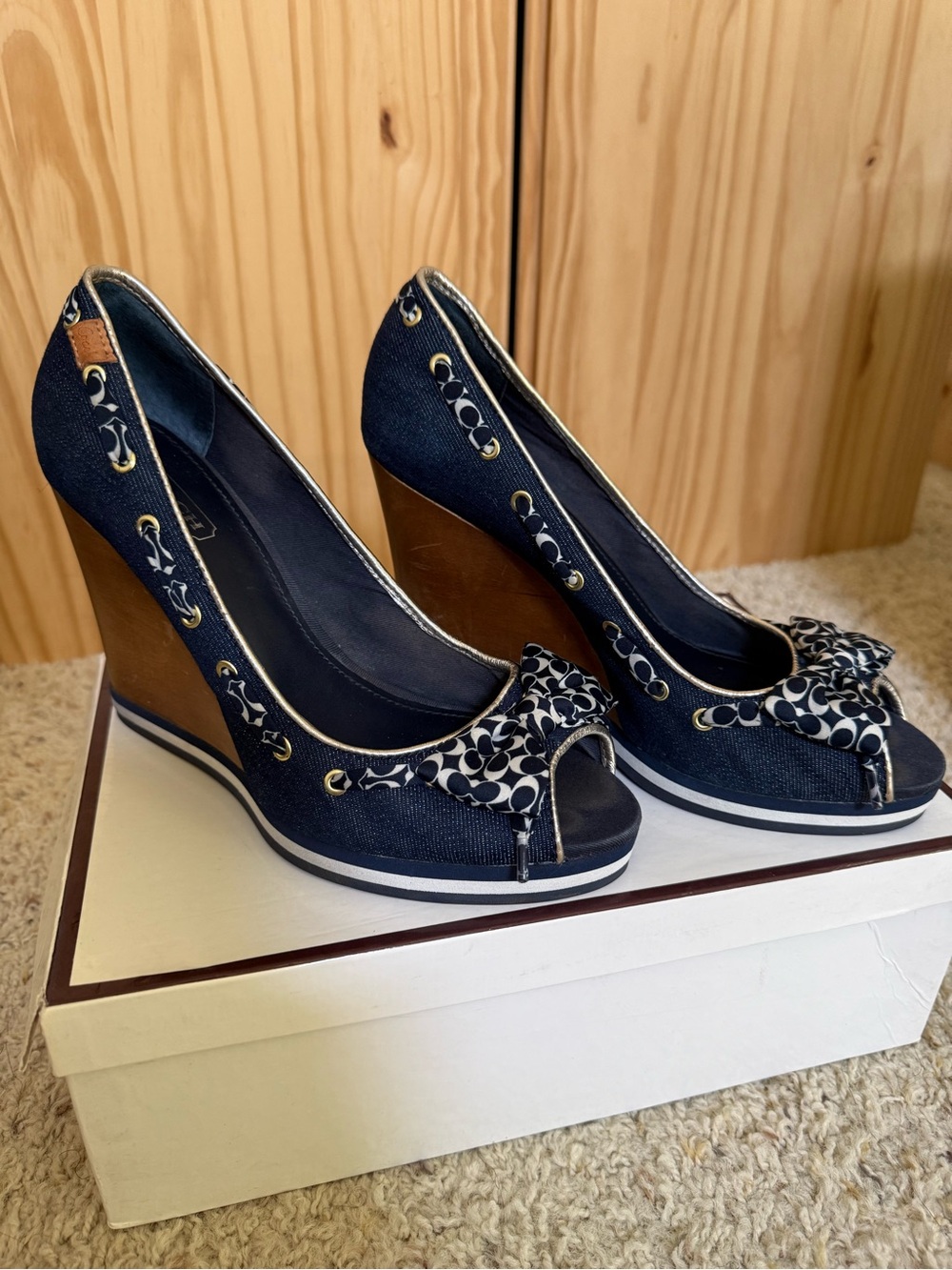 Coach Navy Signature Peep-Toe Wedge Heels